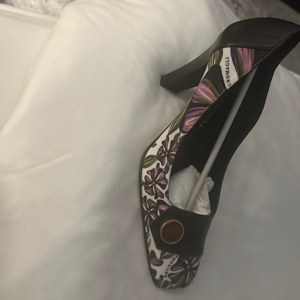Bruno Magli brown floral leather heel.